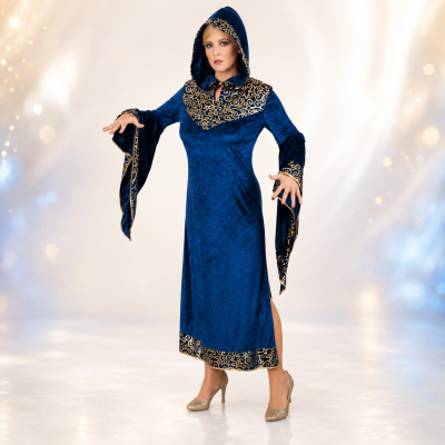 Damenkostüm Mysterie in Blau und Gold mit Kapuze am Model
