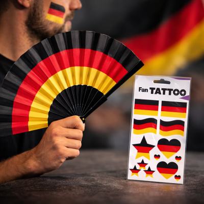 Deutschland Fächer in Schwarz-Rot-Gold mit Gratis-Fan-Tattoos