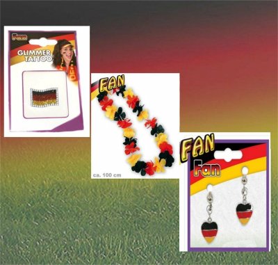 Deutschland Fan-Set mit Blumenkette, Lanyard und Herz-Ohrringen in Schwarz-Rot-Gold