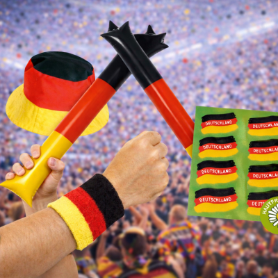 4-teiliges Deutschland Fan-Set mit Schweißband, Airsticks, Armband-Set und Fan-Medaille