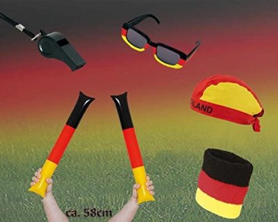 5-teiliges Deutschland Fan-Set mit Airsticks, Fanbrille, Kappe, Schweißband und Trillerpfeife