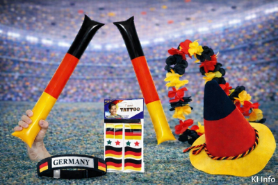 Deutschland Fan-Set 5-teilig mit Hut, Tröten und Blumenkette in Schwarz-Rot-Gold