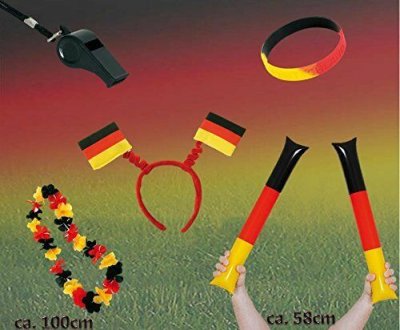 Deutschland Fan-Set 5-teilig mit Klatschstangen, Haarreif, Blumenkette, Armband und Trillerpfeife