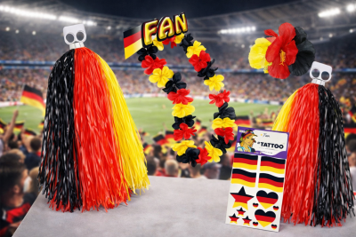 Deutschland Fan-Set mit Pompons, Hawaii-Kette, Blumen-Haarreif und Fan-Tattoos