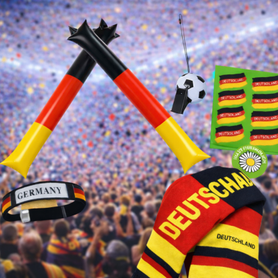 Deutschland Fan-Set mit Fanschal, Klatschstangen, Schweißbändern, Trillerpfeife und Fan-Tattoos