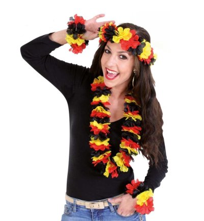 Deutschland Hawaii-Set mit Blumen-Stirnband, Blumenkette und 2 Armbändern in Schwarz-Rot-Gold
