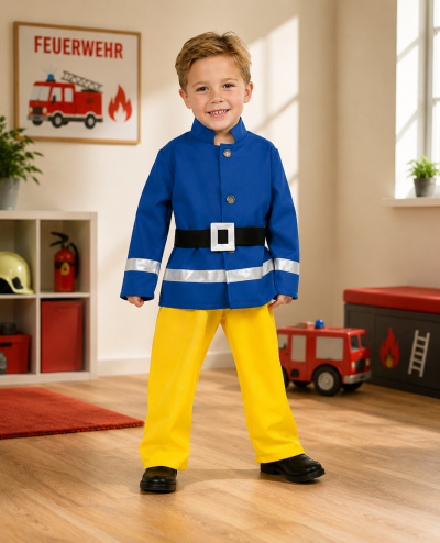 Feuerwehrmann Kinderkostüm 2-teilig mit Jacke, Hose und Gürtel in Blau-Gelb