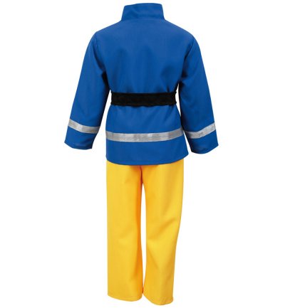 Rückansicht des Feuerwehrmann Kinderkostüms in Blau und Gelb