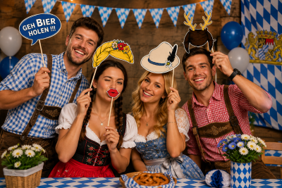 Freunde mit bayerischen Fotobox Props auf einer Party