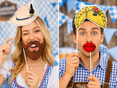 Personen mit lustigen Fotobox Props im bayerischen Partylook