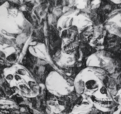 Detailansicht des Halloween Dekostoffs mit Totenkopf-Aufdruck
