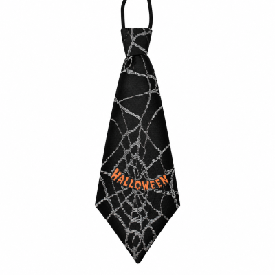 Halloween Krawatte Schwarz-Grau mit Spinnennetz-Muster und Halloween-Schriftzug