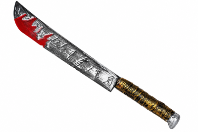 Blutige Halloween-Machete aus Kunststoff, ca. 74 cm lang, mit Symbolen und braun-goldenem Griff