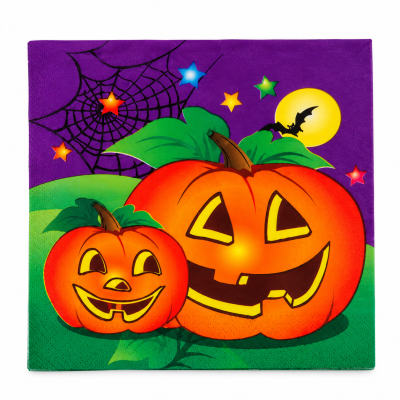 Halloween Serviette mit orangefarbenem Kürbis-Motiv in Lila und Grün