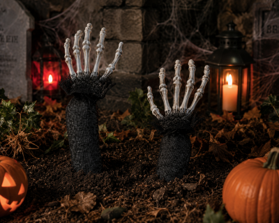 Halloween Skelett Dekohände mit Erdspieß als gruselige Dekoration im Boden