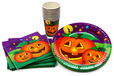 40-teiliges Halloween Tischset mit Kürbis-Motiv, Tellern, Bechern und Servietten