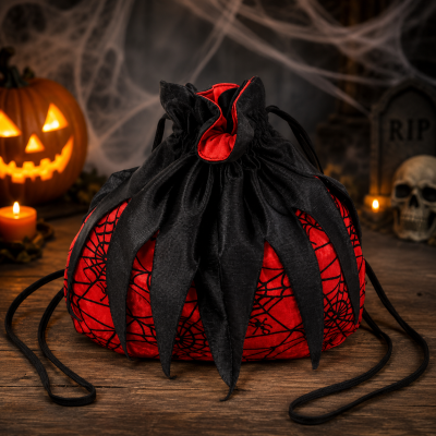 Schwarz-roter Hexenbeutel mit Spinnennetzmuster und schwarzen Stoffspitzen