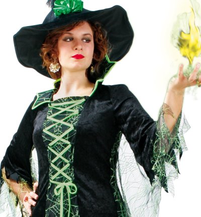 Hexenkleid Grusella mit Stehkragen und grüner Schnürung