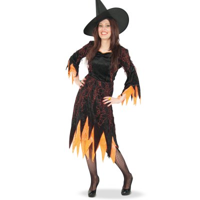 Damen-Hexenkostüm in Schwarz und Orange mit Hut in der Vorderansicht