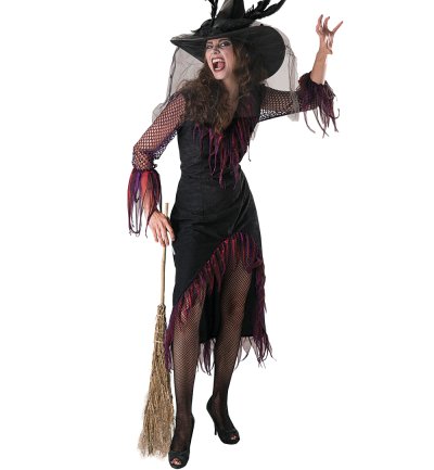 Schwarzes Damen-Hexenkostüm Feodora mit Netzärmeln und asymmetrischem Fransensaum