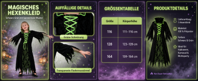 Schwarz-grünes Kinder-Hexenkleid mit Produktdetails und Größentabelle für 116, 128 und 164