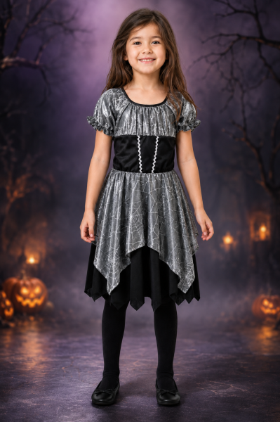 Silber-schwarzes Kinder-Hexenkleid in stimmungsvoller Halloween-Kulisse