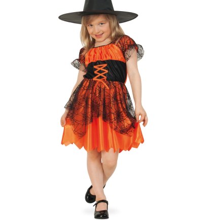 Mädchen im orange-schwarzen Kinder-Hexenkleid mit Corsagenoptik und Spinnennetz-Tüll
