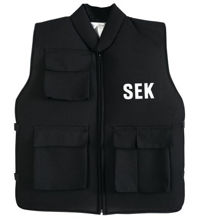 Vorderansicht der schwarzen Kinder-SEK-Weste mit Reißverschluss und mehreren Taschen