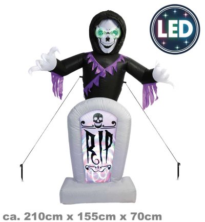 Selbstaufblasbare Reaper-Dekofigur mit LED-Beleuchtung und Maßen von ca. 210 × 155 × 70 cm