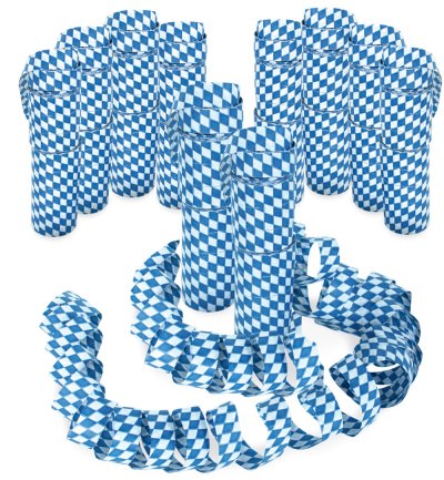 Zehn blau-weiße Bavaria Luftschlangen mit dekorativ ausgerollten Papierstreifen