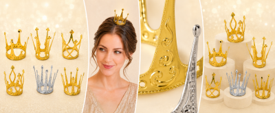 Frau mit goldener Mini-Krone und Übersicht verschiedener Kronenmodelle aus Metall