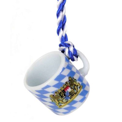Mini-Krug aus Porzellan im blau-weißen Bayern-Design mit Umhängekordel