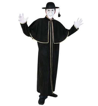 Schwarzes Priestergewand mit goldfarbenen Verzierungen und Cape