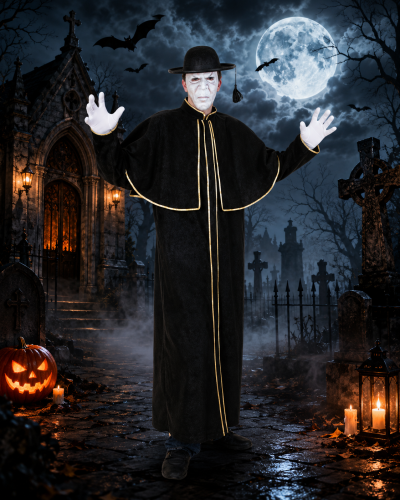 Priesterkostüm für Herren in Schwarz-Gold vor Halloween Kulisse