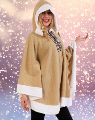 Damenkostüm Poncho Eskimo mit Kapuze, Fleece, Inuit, Eskimofrau, Fasching, Karneval, Mottoparty