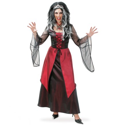 Rot-schwarzes Damen-Vampirkleid mit langem Rock und weiten Fledermausärmeln