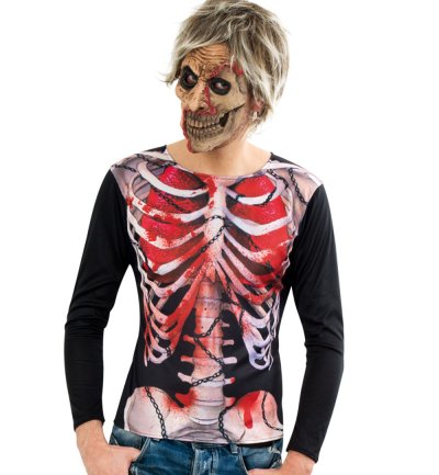 Schwarzes Zombie Shirt für Herren mit blutigem Skelett- und Ketten-Druck