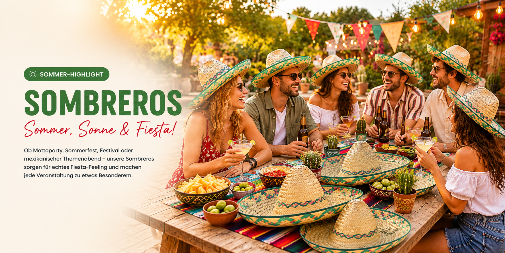 Sommer-Highlight Sombreros – Gartenparty mit grünen Strohsombreros