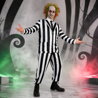 Herren Geisterclown Kostüm in Schwarz und Weiß mit Perücke