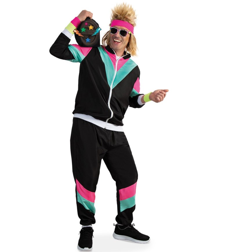 Outfit 80er Jahre Retro Proll Trainingsanzug, schwarz Damen/Herren Sportanzug für Mottopartys & Bad Taste Events