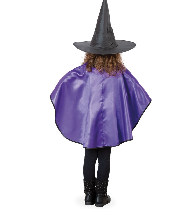 Kostüm Umhang mit schwarzer Katze – lila Cape für Mädchen – Verkleidung für Halloween, Fasching & Karneval