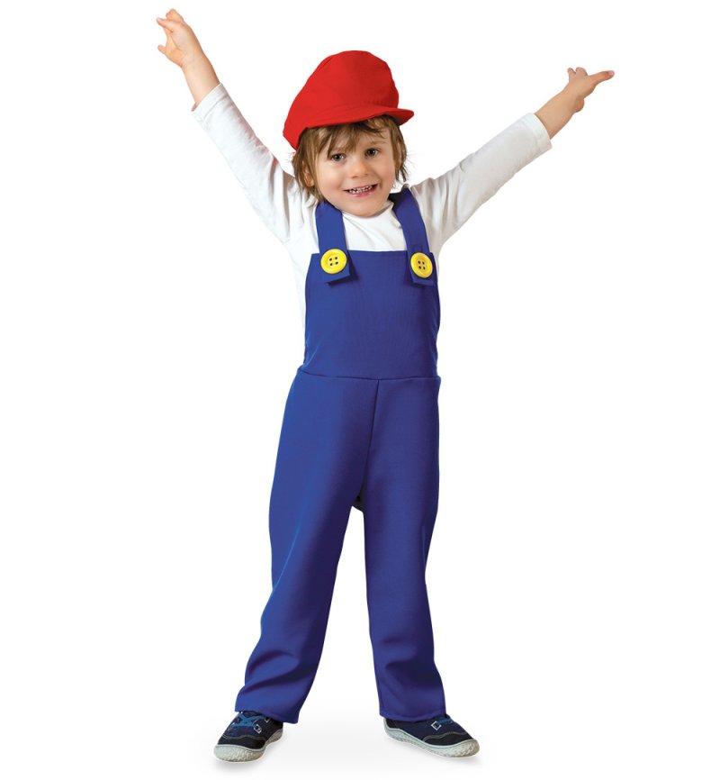 Klempner-Latzhose in blau mit roter Mütze – Blaues Outfit für kleine Handwerker, Gr. 104-128, Partyoutfit
