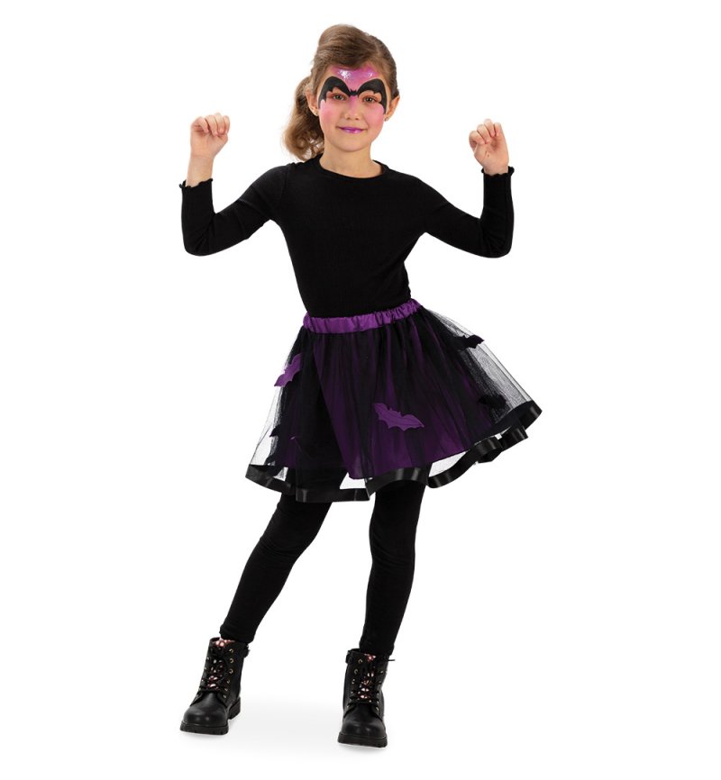 Tüllrock Schwarz-Lila mit Fledermaus-Motiven mit Unterrock, Verkleidung für Kinder