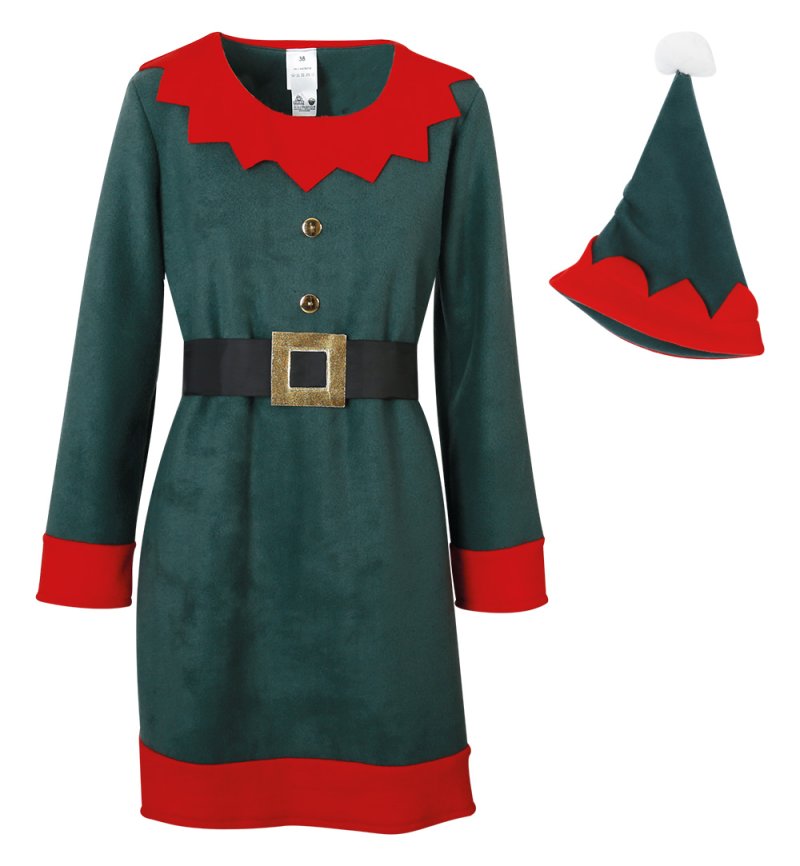 Weihnachtself Kostüm Damen 3-teiliges Set mit Kleid, Gürtel und Mütze | Lustiges Elf-Kostüm für Weihnachten und Fasching, weiches Fleece
