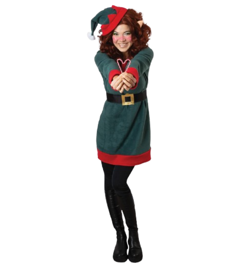 Weihnachtself Kostüm Damen 3-teiliges Set mit Kleid, Gürtel und Mütze | Lustiges Elf-Kostüm für Weihnachten und Fasching, weiches Fleece
