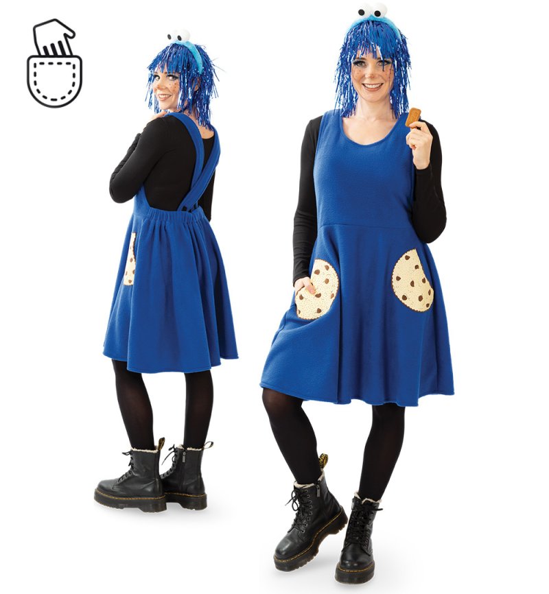 Keks Krümel oder Kuschel für Erwachsene Buntes Monster Kleid für Erwachsene - Lustige Kleider mit Haarreif in blau oder rot, knielang