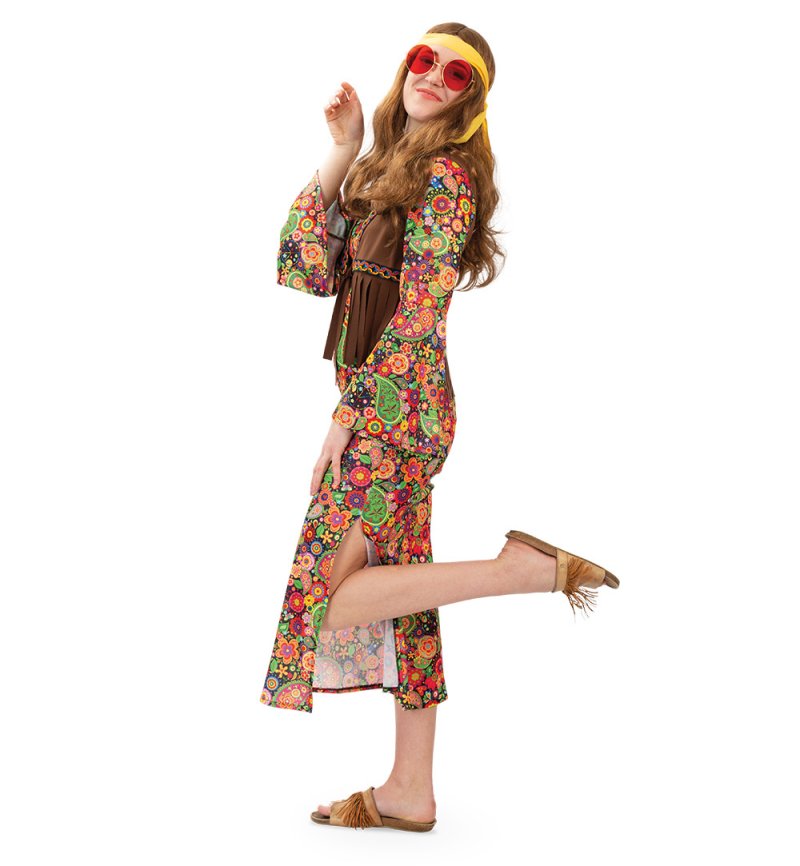 Hippie Kostüm Erwachsene Damen oder Herren – 70er Jahre Outfit mit Buntem Blumenmuster & Brauner Fransenweste – Flower Power Verkleidung