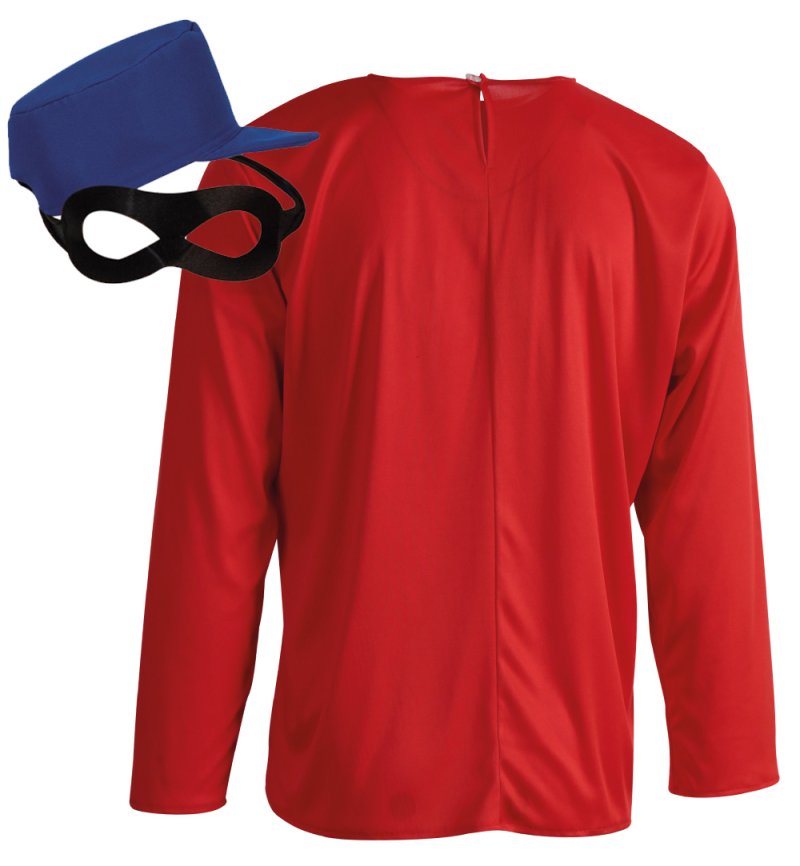 Buntes Comic Kostüm Herren – Lustige Verkleidung in Rot & Blau, Langarmshirt, Mütze & Maske – Kreatives Männerkostüm