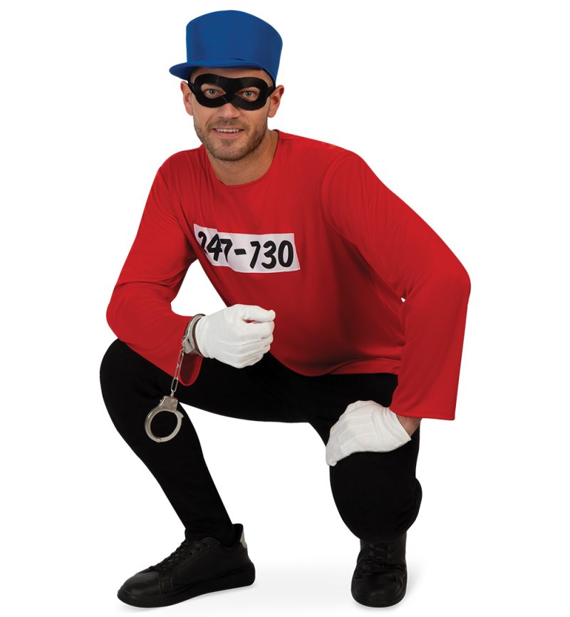 Buntes Comic Kostüm Herren – Lustige Verkleidung in Rot & Blau, Langarmshirt, Mütze & Maske – Kreatives Männerkostüm
