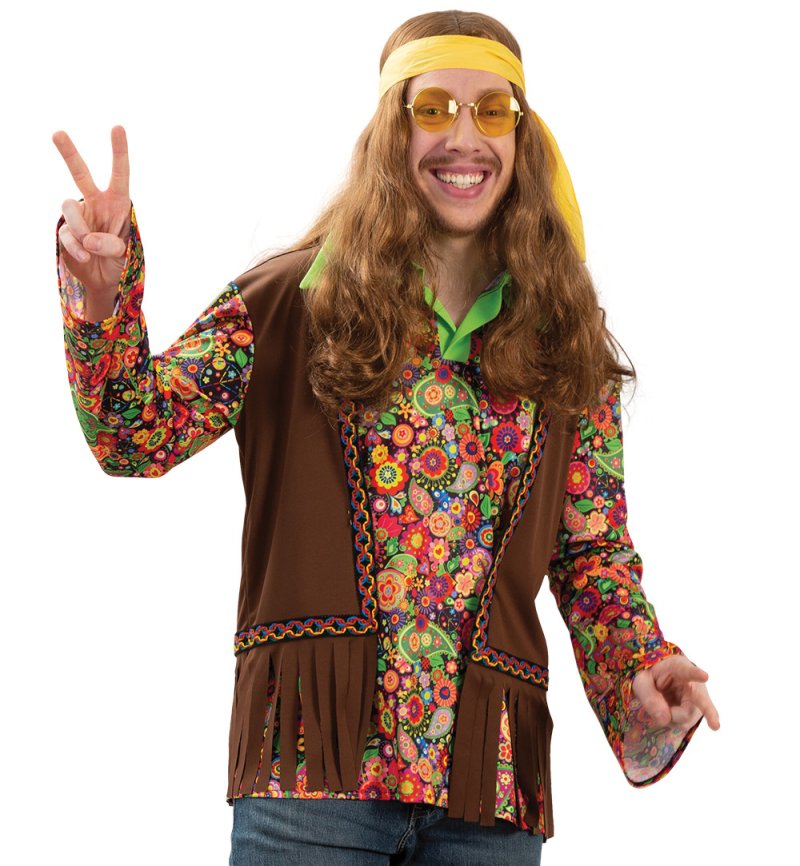 Hippie Kostüm Erwachsene Damen oder Herren – 70er Jahre Outfit mit Buntem Blumenmuster & Brauner Fransenweste – Flower Power Verkleidung